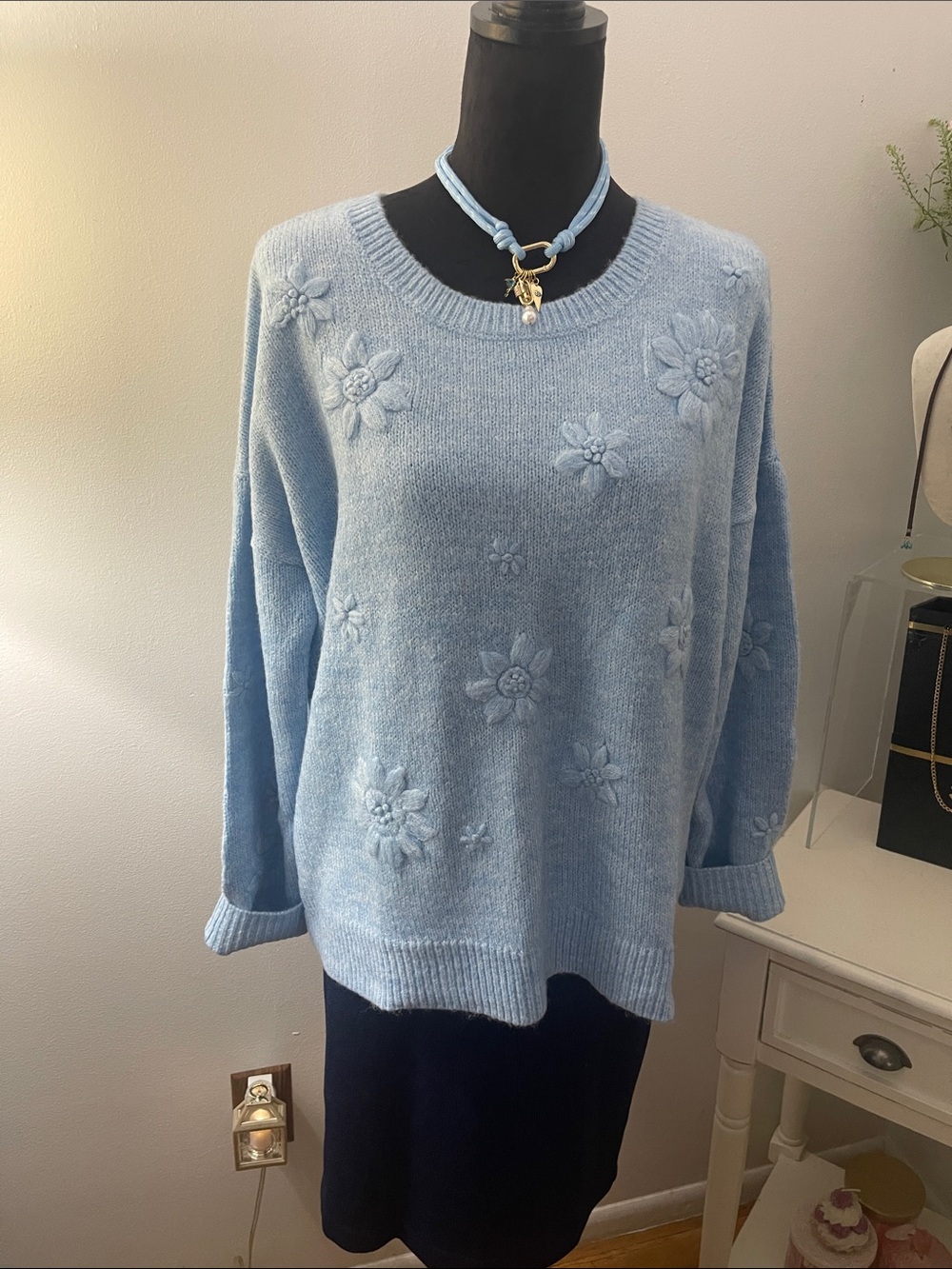 Lilly Pulitzer Light Blue Floral Appliqué Crewneck Sweater